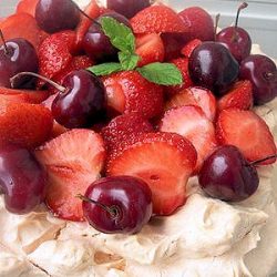 Pavaloa with Strawberies and Cherries - Recipe photo by Happy Cook