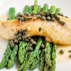 Halibut Picatta with Asparagus - Recipe photo by asweetpeachef