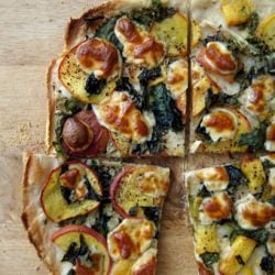 Peach, Basil & Escarole Pizza - Recipe photo by kickpleat