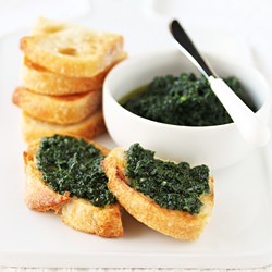 Crostini with Rustic Kale Pesto - Recipe photo by CookandBeMerry