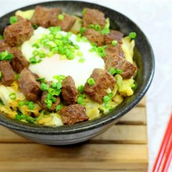 Beef Rice Bowl with Poached Egg - Recipe photo by aboxofkitchen