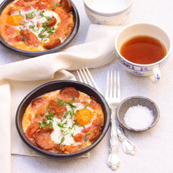 Baked Eggs w/ Tomato & Chorizo - Recipe photo by hollyrose