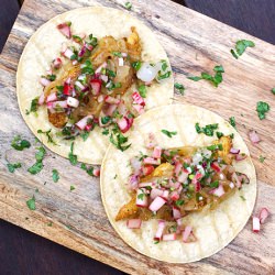 Crispy Fish Tacos w. Rhubarb Salsa - Recipe photo by Kitchen Konfidence