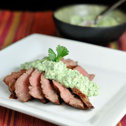 Flank Steak w/ Cilantro Almond Pesto - Recipe photo by ccmarriagefactory