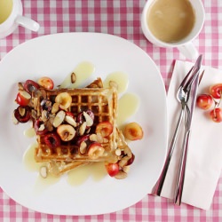 Yogurt & Oat Waffles with Cherries - Recipe photo by foodnouveau