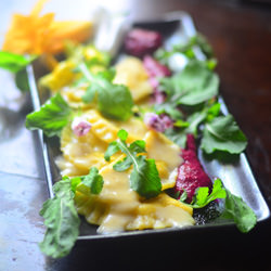 Gruyere Fondue Ravioli with Beet - Recipe photo by lostpastremembered