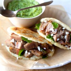 Arepas with Carnitas and Guasacaca - Recipe photo by spoonforkbacon