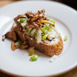 Leek, Pear, and Chanterelle Toasts - Recipe photo by Kelsey