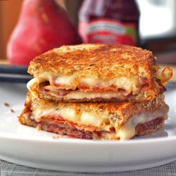 Bacon, Pear, Raspberry Grilled Cheese - Recipe photo by pinchofyum