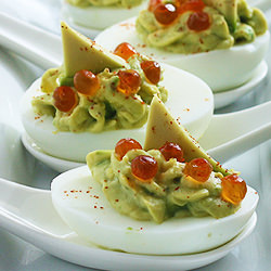Avocado Deviled Eggs with Salmon Roe - Recipe photo by culinaryadventuresinthekitchen