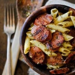 Kielbasa and Pesto Penne - Recipe photo by HowToSimplify