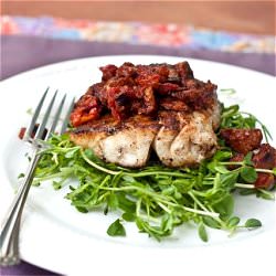 Striped Bass with Chorizo Salsa - Recipe photo by tideandthyme