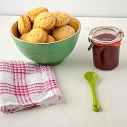 Scones with Strawberry Rhubarb Jam - Recipe photo by foodpluswords