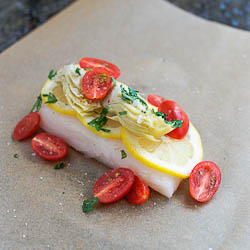 Halibut with Artichokes and Tomato - Recipe photo by kitchen confidante