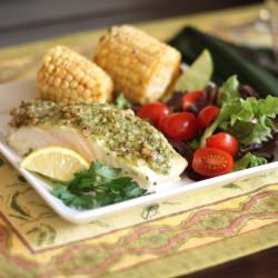 Halibut w/ Pine Nut Crust - Recipe photo by barefeetinthekitchen