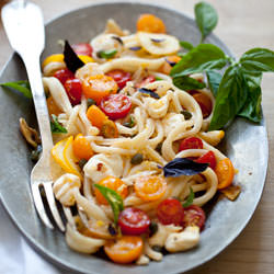 Pasta w/ Marinated Tomatoes - Recipe photo by FoodieCrush