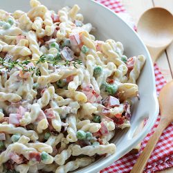 Creamy Pasta Salad with Bacon, Peas - Recipe photo by AnEdibleMosaic