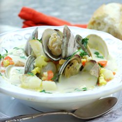 Clam, Halibut and Sweet Corn Chowder - Recipe photo by savoringtimeinthekitchen