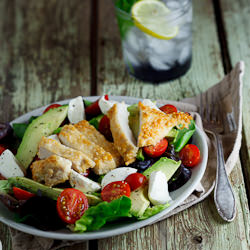 Pecorino Crumbed Chicken on Salad - Recipe photo by Simply Delicious