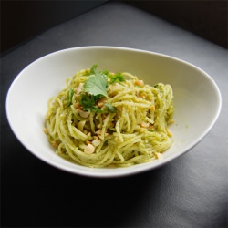 Cilantro-Peanut Pesto Over Pasta - Recipe photo by MegSalvia