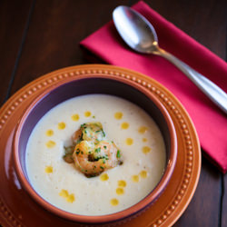 Cauliflower Potato Soup with Shrimp - Recipe photo by NatashasKitchen.com