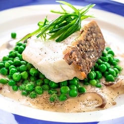 Chilean Sea Bass w/ Peas & Shiitake - Recipe photo by mtlabor
