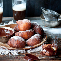 Orange Donuts with Chocolate Sauce - Recipe photo by Kate Gibbs