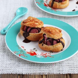 Profiteroles with Raspberry Sorbet - Recipe photo by DessertForTwo