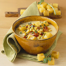 Corn Cream Soup with Diced Polenta - Recipe photo by finedininglovers