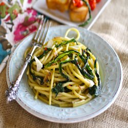 Bucatini w/ Wilted Dandelion Greens - Recipe photo by Grabaplate