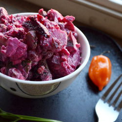 Beet-Pinked Potato Salad - Recipe photo by saltatoria