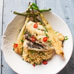 Spring Onions Risotto with Seabass - Recipe photo by Kooking