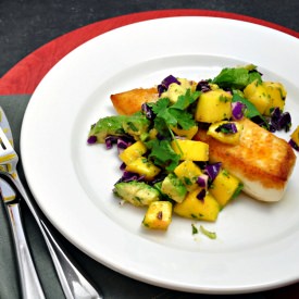 Halibut with Mango Avocado Salsa - Recipe photo by PinchandSwirl
