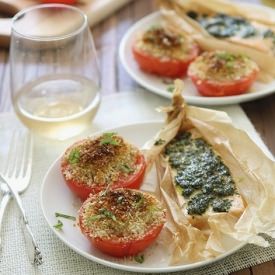 Pesto Salmon & Baked Tomatoes - Recipe photo by Running to the Kitchen