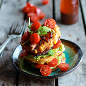 BLT Corn Fritter Stacks - Recipe photo by halfbakedharvest