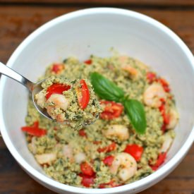 Pesto Quinoa with Shrimp & Tomatoes - Recipe photo by Highheelstohotwheels
