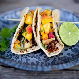 Chipotle Fish Tacos w/ Peach Salsa - Recipe photo by Feasting at Home