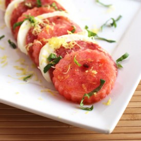 Watermelon Caprese with Lemon Zest - Recipe photo by meatified