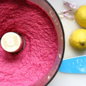Healthier Beet Hummus - Recipe photo by Poppies and Papayas