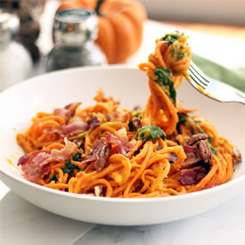 Sweet Potato Noodles with Bacon - Recipe photo by Inspiralized