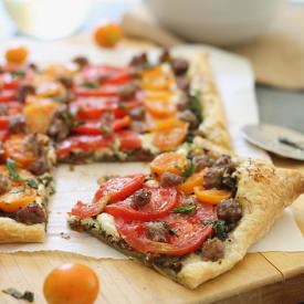 Goat Cheese, Tomato & Sausage Tart - Recipe photo by Running to the Kitchen