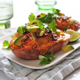 Buffalo Chicken Sweet Potato Boats - Recipe photo by BevCooks