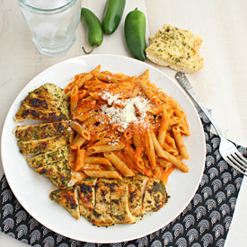 Basil Chicken with Red Pepper Pasta - Recipe photo by Kitchen Simmer