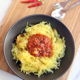 Spaghetti Squash with Spicy Sauce - Recipe photo by thenourishedcaveman