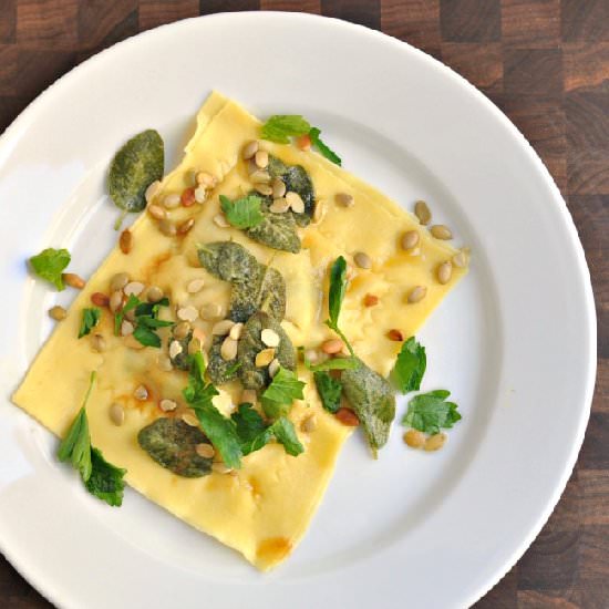 Delicata Ravioli Brown Butter Sage - Recipe photo by PinchandSwirl
