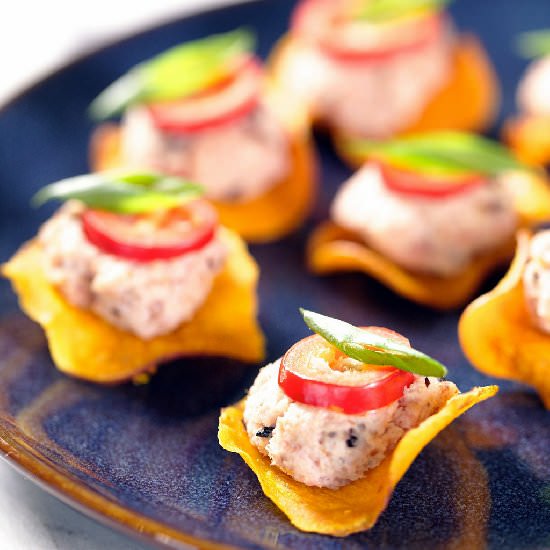 Deviled Ham on Sweet Potato Chips - Recipe photo by ourapronstrings