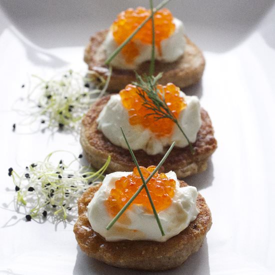 Russian Blinis with Salmon Caviar - Recipe photo by Bistro Margot