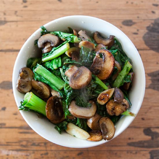 Garlic Greens with Mushrooms - Recipe photo by teacher-chef