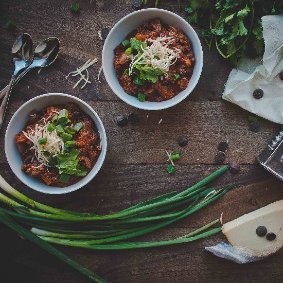 Dark Chocolate Beef Chili - Recipe photo by tworedbowls