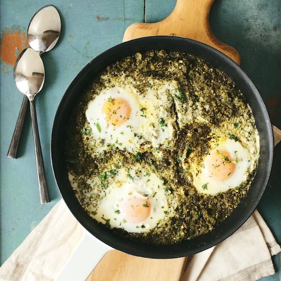 Green Shakshuka w/ Smoky Socca - Recipe photo by dollyandoatmeal